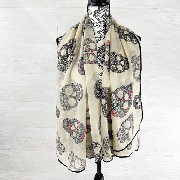 Day of The Dead Skull & Floral Silk Blend Sheer Large Scarf - Picture 1 of 7